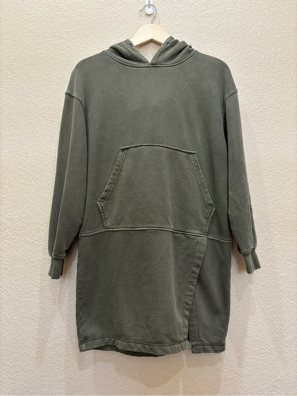 7 For all Mankind Hooded Tunic Sweatshirt Dress Olive Green Small Y2K Minimalist